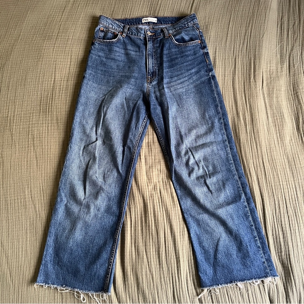 High Waisted Jeans Raw Edge Distressed Wide Leg Cropped Flare